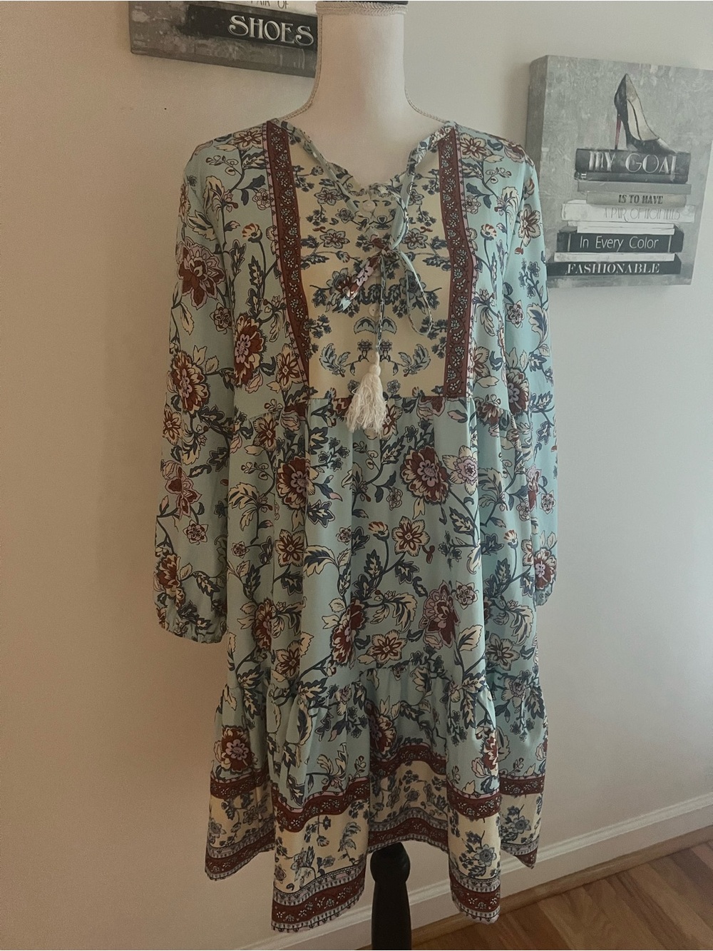 Mint Floral Boho Midi Dress with Tassel Tie